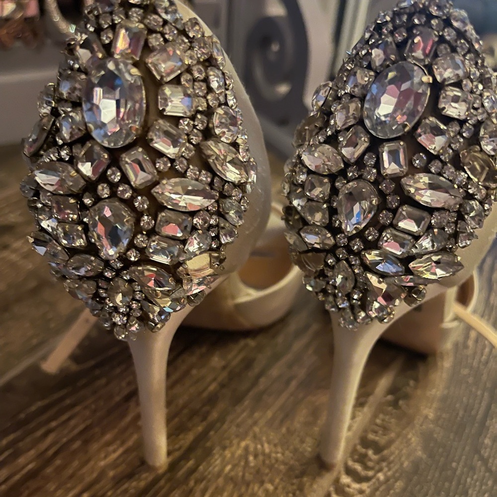 Badgley Mischka Bejeweled Ivory Satin Heels